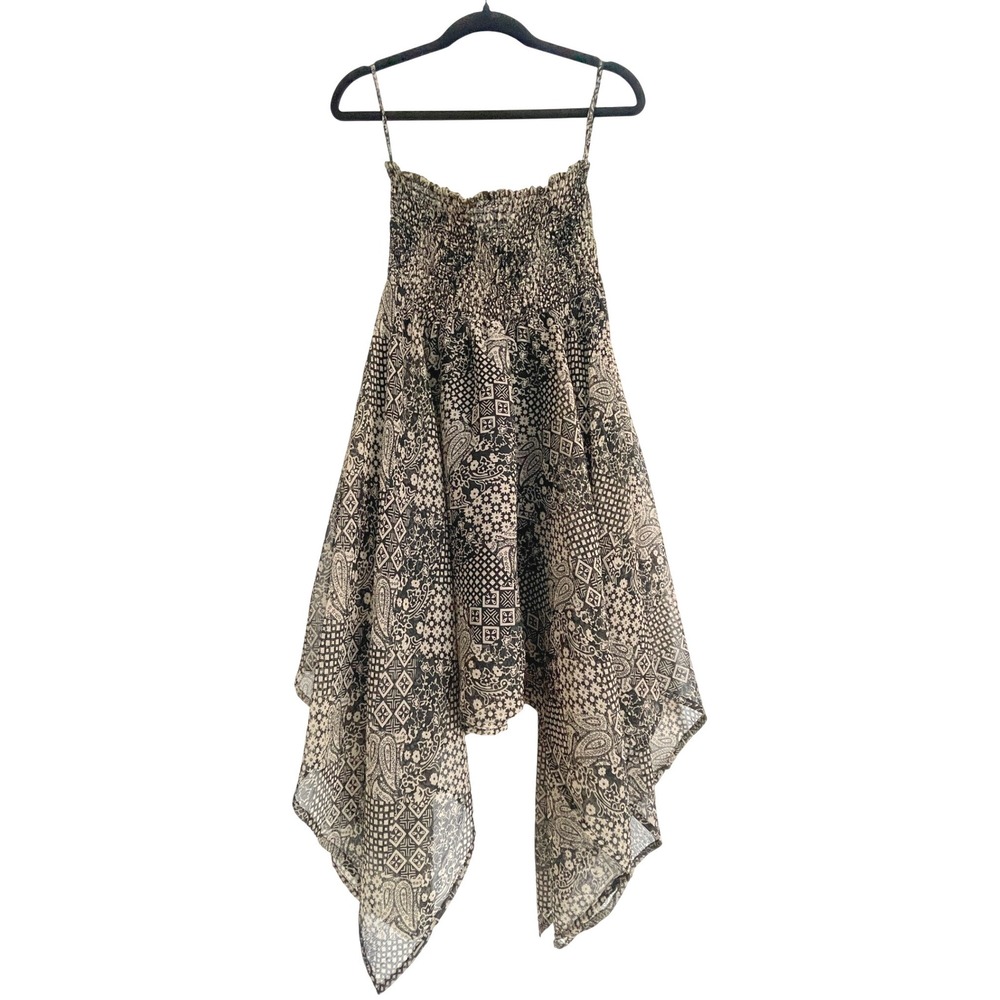 etc. Womens Smocked Paisley Handkerchief Hem Mini Dress Black Tan Small